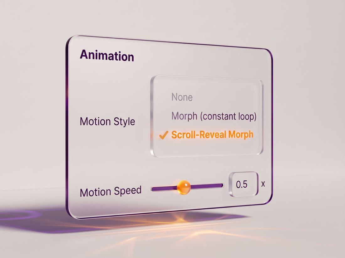 The block's Animation setting, with Motion Style set to Scroll-Reveal Morph and Motion Speed at 0.5x